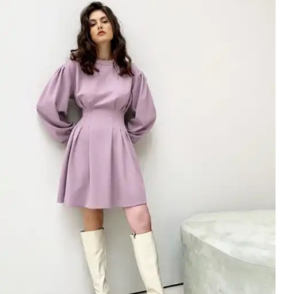 Marilyn High Waist Pleated Waist Round Neck Lantern Sleeve Short Purple Dress S